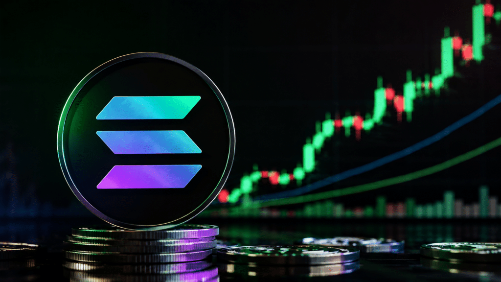 Solana logo on a crypto coin with a rising trading chart in the background.