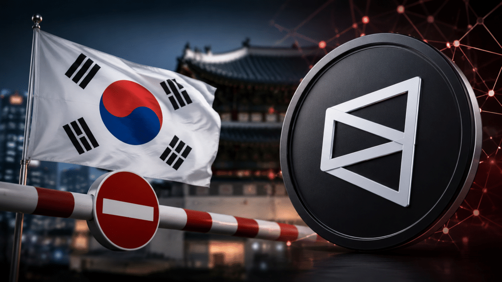 South Korean flag beside a restriction barrier and a Polymarket-style logo, illustrating regulatory action against the crypto prediction market.