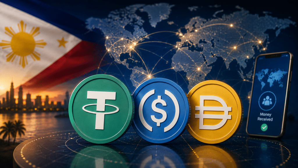Illustration of Tether, USDC and DAI stablecoins alongside the Philippine flag and a global payment network, representing blockchain-based cross-border remittances.