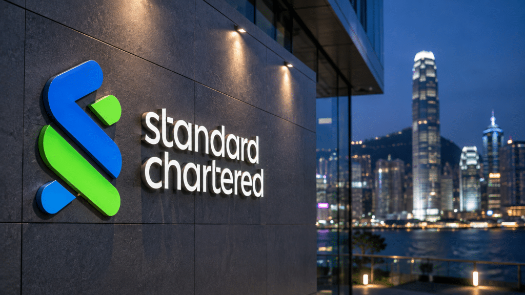 Standard Chartered logo displayed on a building with the Hong Kong skyline in the background.