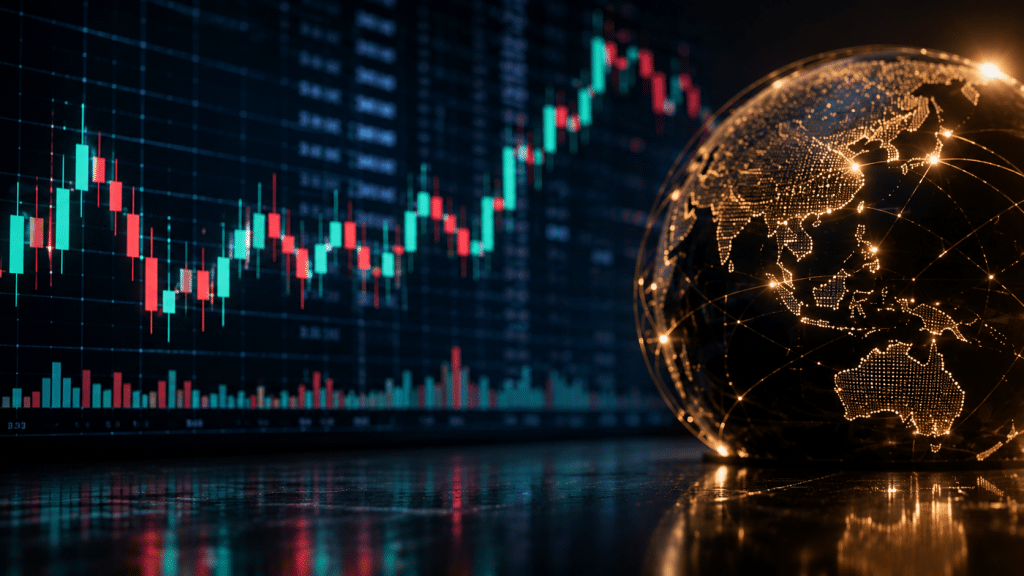 Digital trading chart with rising candlesticks alongside a glowing global financial network.