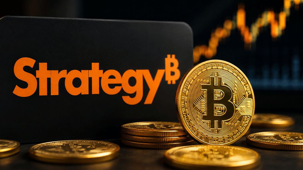 Strategy logo displayed beside a gold Bitcoin coin and a rising cryptocurrency market chart.