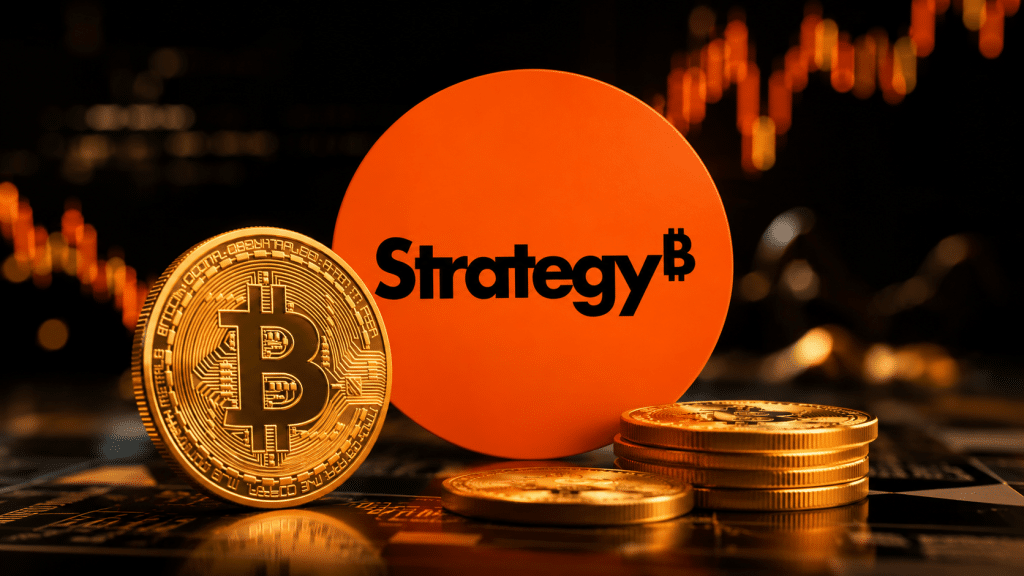 Strategy logo displayed alongside gold Bitcoin coins against a dark cryptocurrency market backdrop.