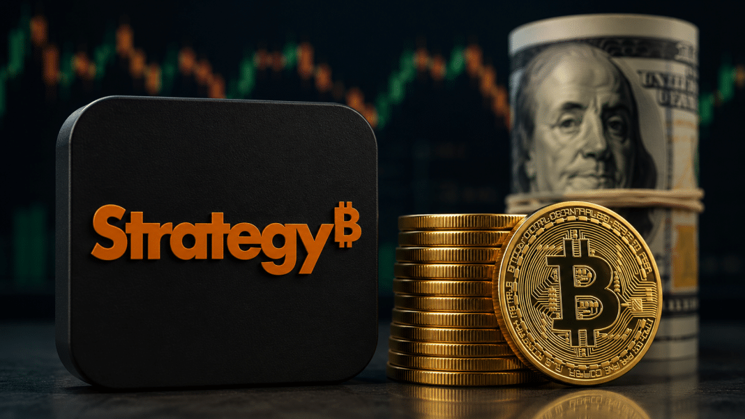 Strategy logo displayed beside Bitcoin coins and U.S. dollar bills against a financial market backdrop.