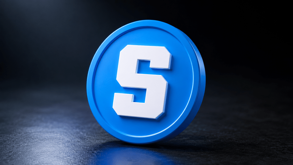 The Sandbox (SAND) token logo displayed on a blue crypto coin against a dark background.