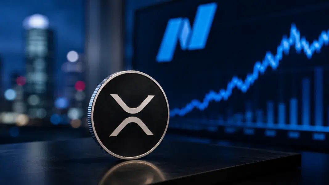 XRP coin in front of a Nasdaq-themed financial market display with a rising chart.