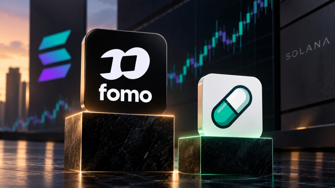 Fomo and Pump.fun logos representing their revenue comparison on Solana