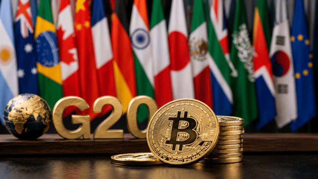 Bitcoin coin displayed in front of G20 symbols and international flags, representing global discussions on digital asset regulation.