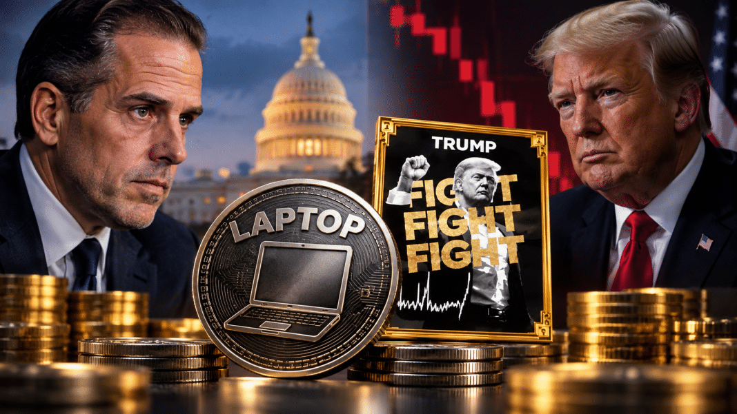 Hunter Biden and Donald Trump with LAPTOP and Official Trump crypto tokens