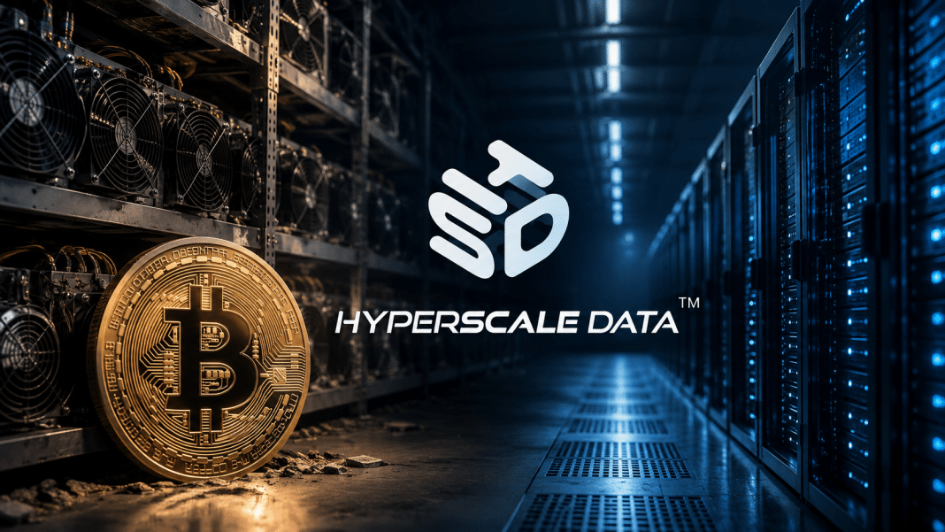Hyperscale Data Halts Michigan Bitcoin Mining With BTC Treasury Down 79% Hyperscale Data logo displayed between Bitcoin mining equipment and data center servers, illustrating the company’s shift from Bitcoin mining to AI infrastructure.