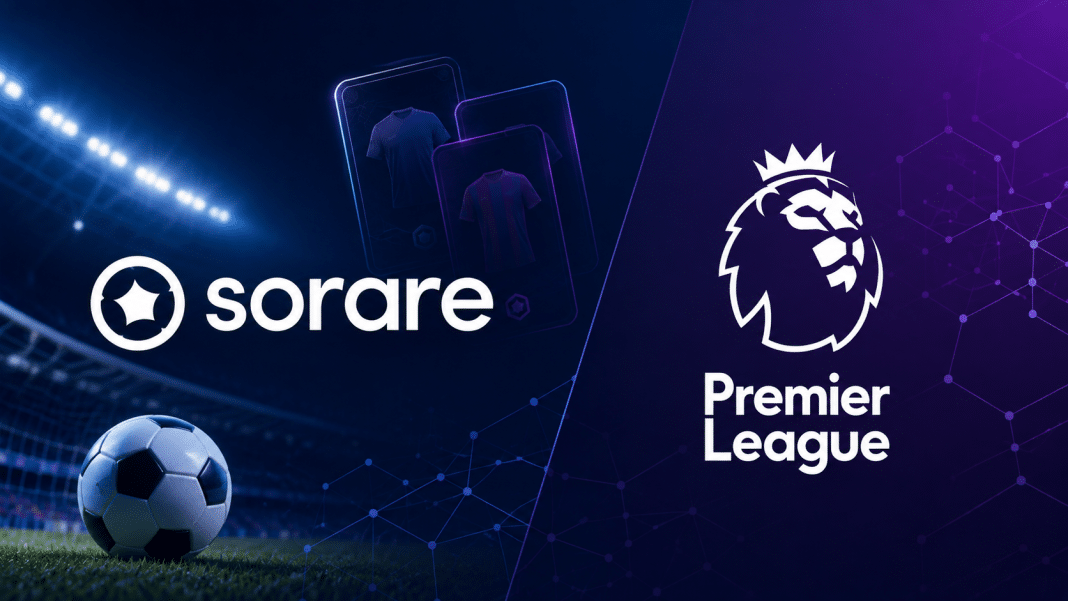 Sorare and Premier League logos displayed against a blue and purple background with football and blockchain-themed graphics.