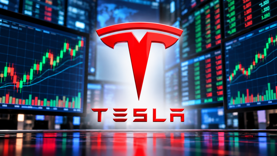 Tesla Stock – Tesla Logo with Stock Market Trading Screens