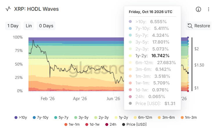 The share of XRP supply held for more than a year has risen to 56%