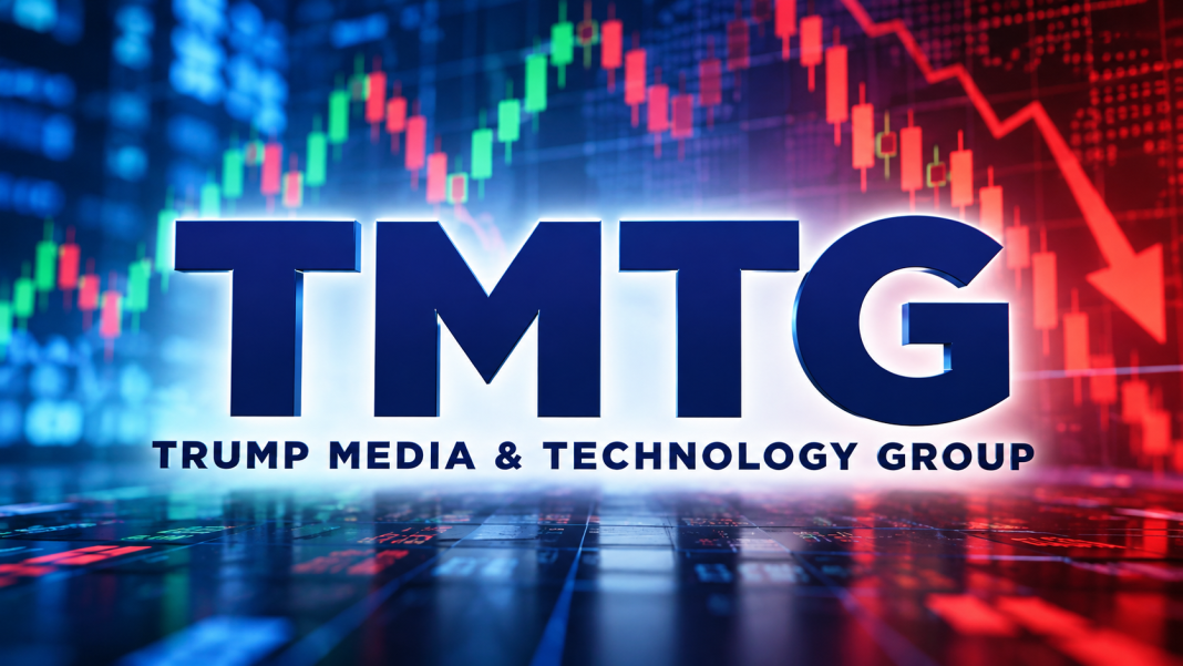 Trump Media & Technology Group TMTG logo with stock market candlestick charts in the background